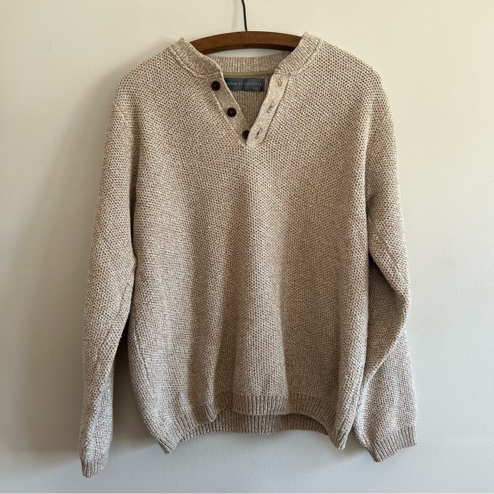 Oscar De La Renta Oatmeal Henley Sweater